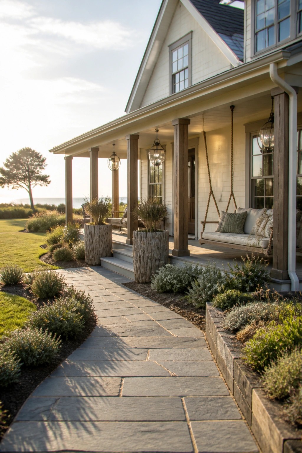 A white farmhouse exterior with wooden porch columns, a hanging swing, stone pathway, and coastal landscaping.