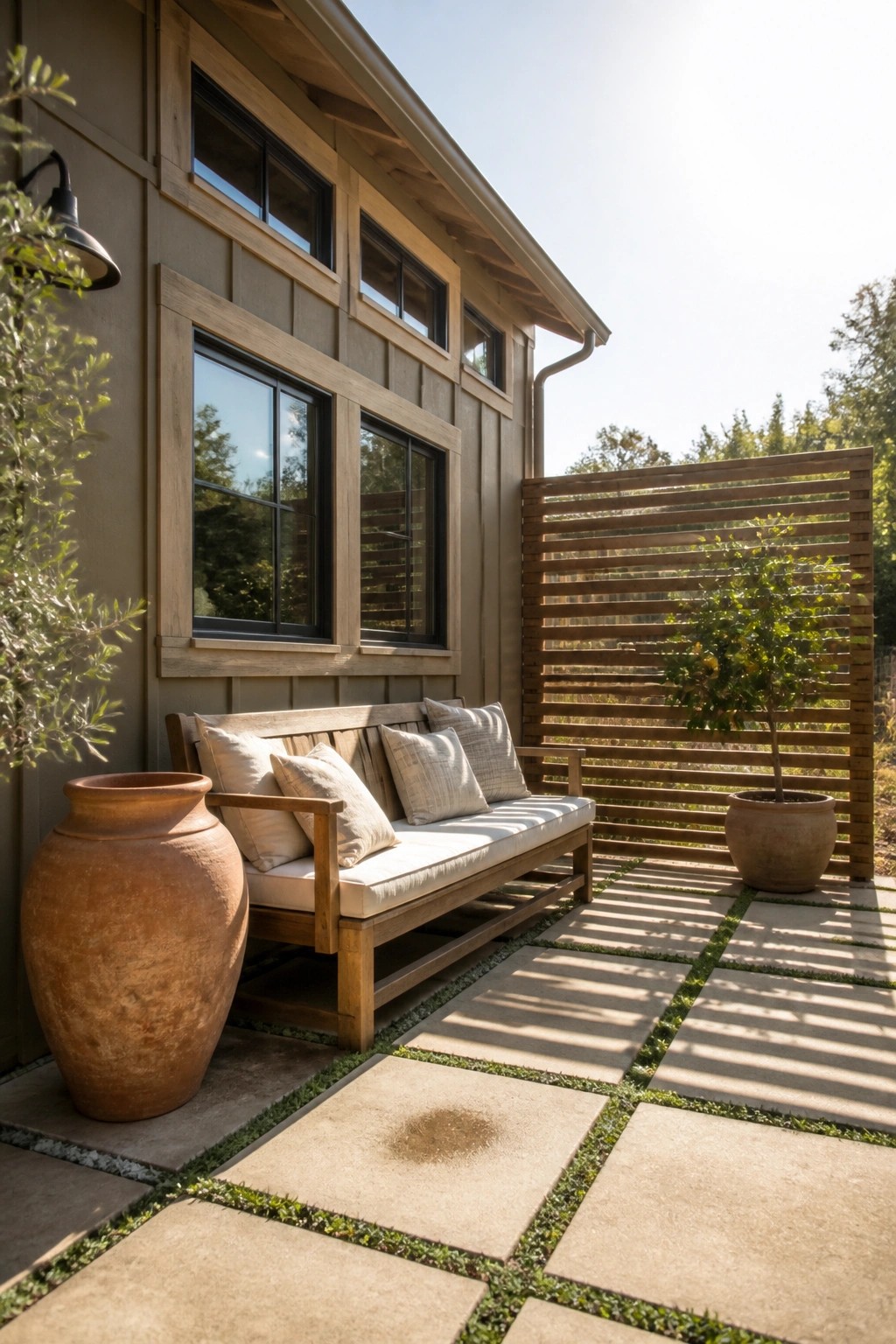 A wooden bench with cushions sits against a house exterior painted in warm taupe next to a large terracotta pot on a stone paver patio.