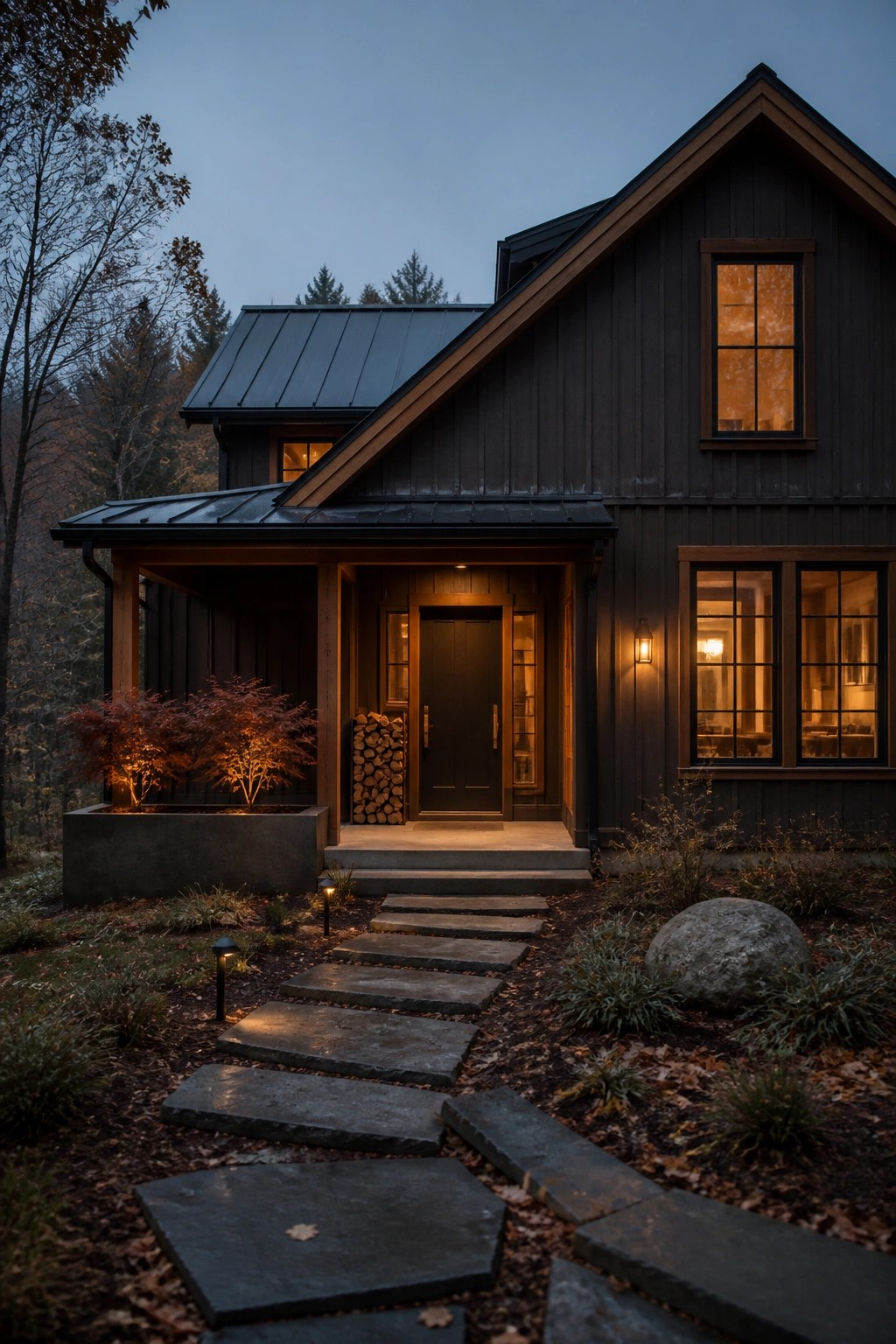 Modern farmhouse exterior at dusk with dark painted siding, wood porch structure, and warm light glowing from the windows.