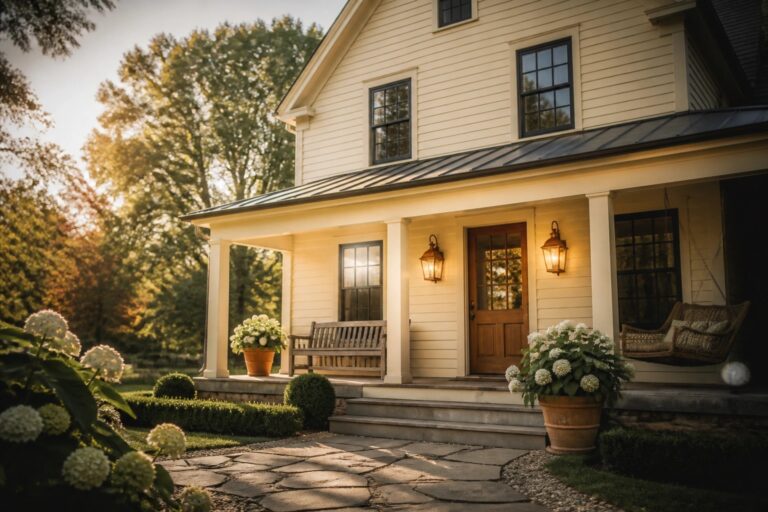 A white farmhouse exterior with black-trimmed windows, a wooden front door, a covered porch, and a stone pathway leading to the steps.