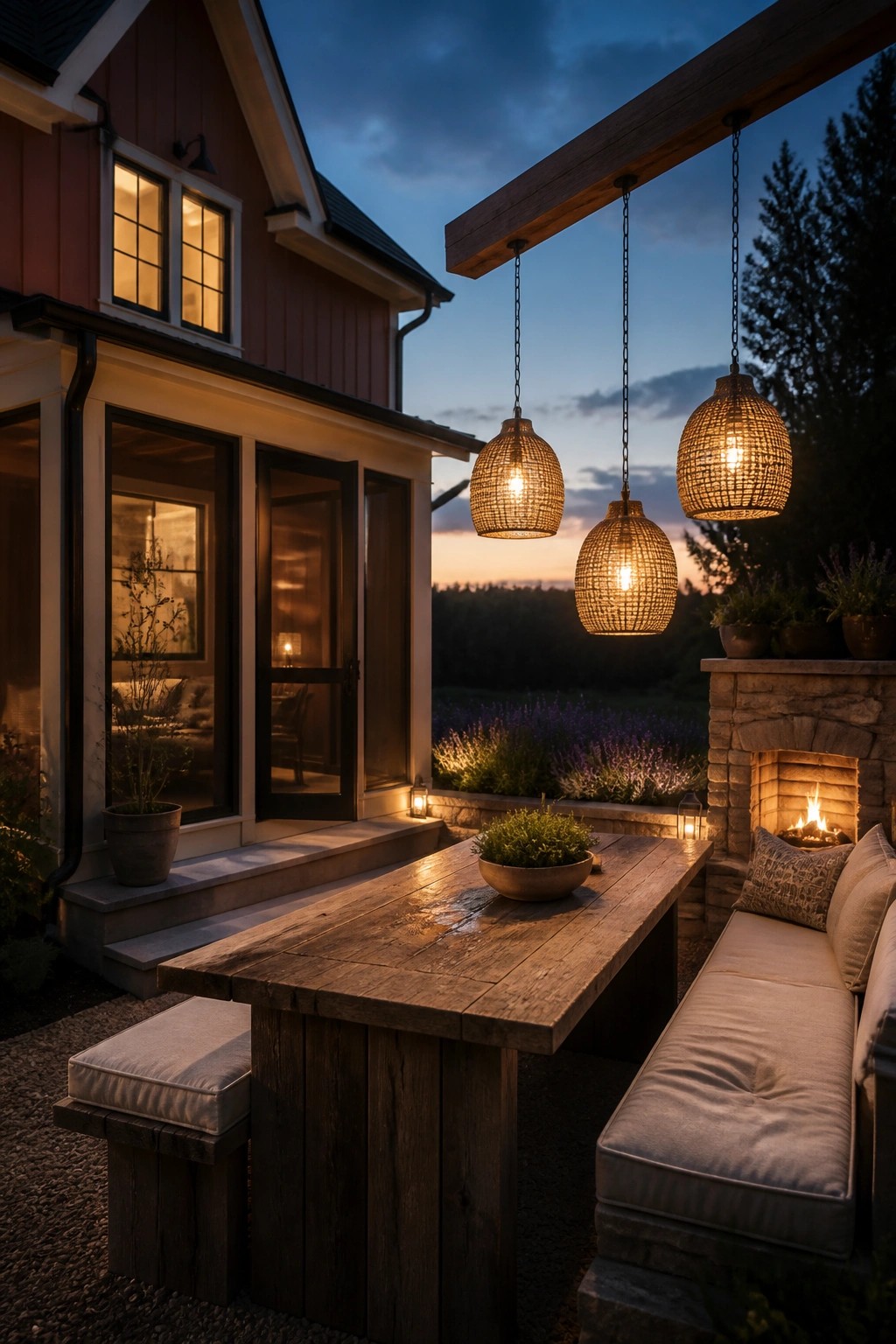 Wooden outdoor dining table with cushioned benches on a gravel patio beside a red house, three woven pendant lights hanging from a beam, and a lit stone fireplace at dusk.