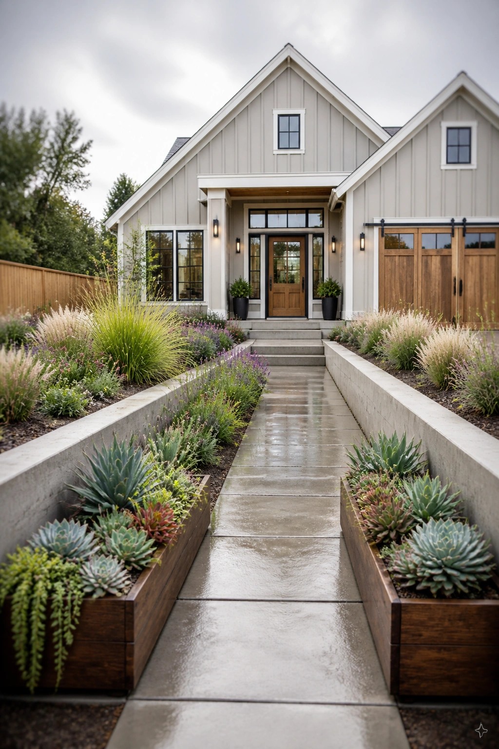 Front view of a modern farmhouse with light warm gray siding, a central wooden door, and raised concrete planters with succulents lining a wet concrete walkway.