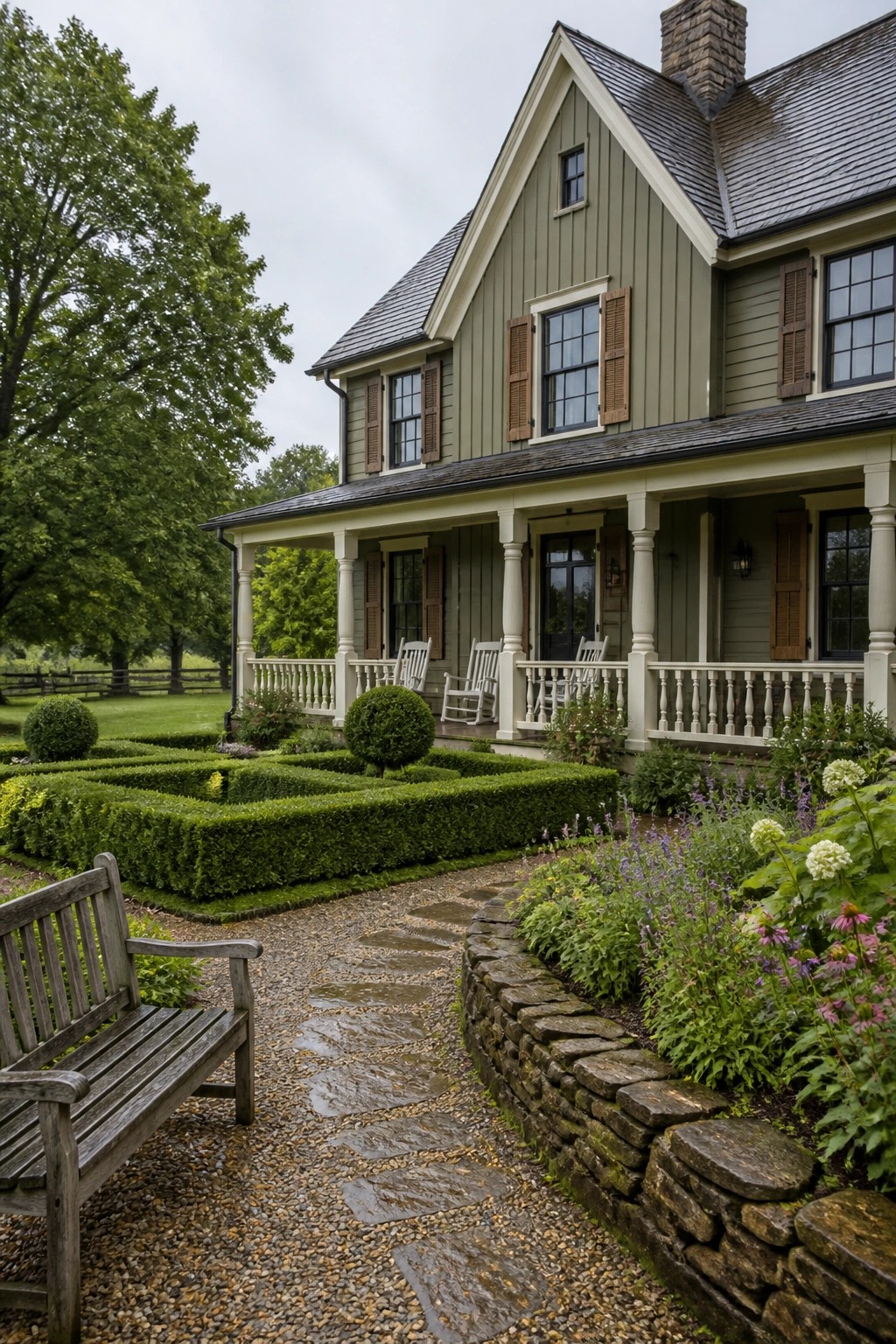 A two-story farmhouse with sage green siding, white trim, brown shutters, a covered porch, and a stone pathway leading through a garden.