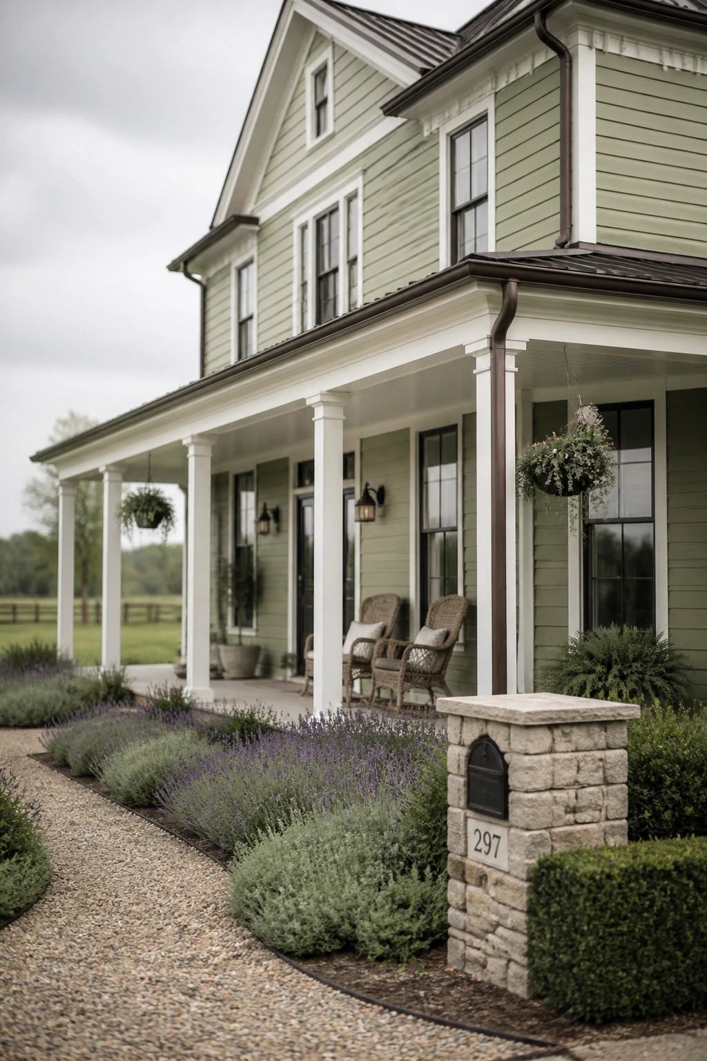 A two-story house with light green siding, white trim and columns, a front porch with wicker chairs, and a gravel driveway bordered by lavender and shrubs.