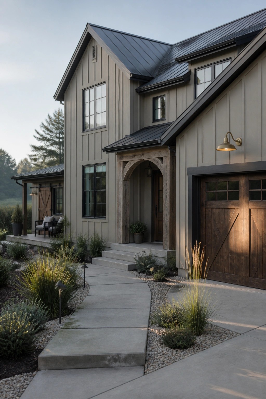 Modern farmhouse with beige siding, dark metal roof, wooden garage, and landscaped walkway.
