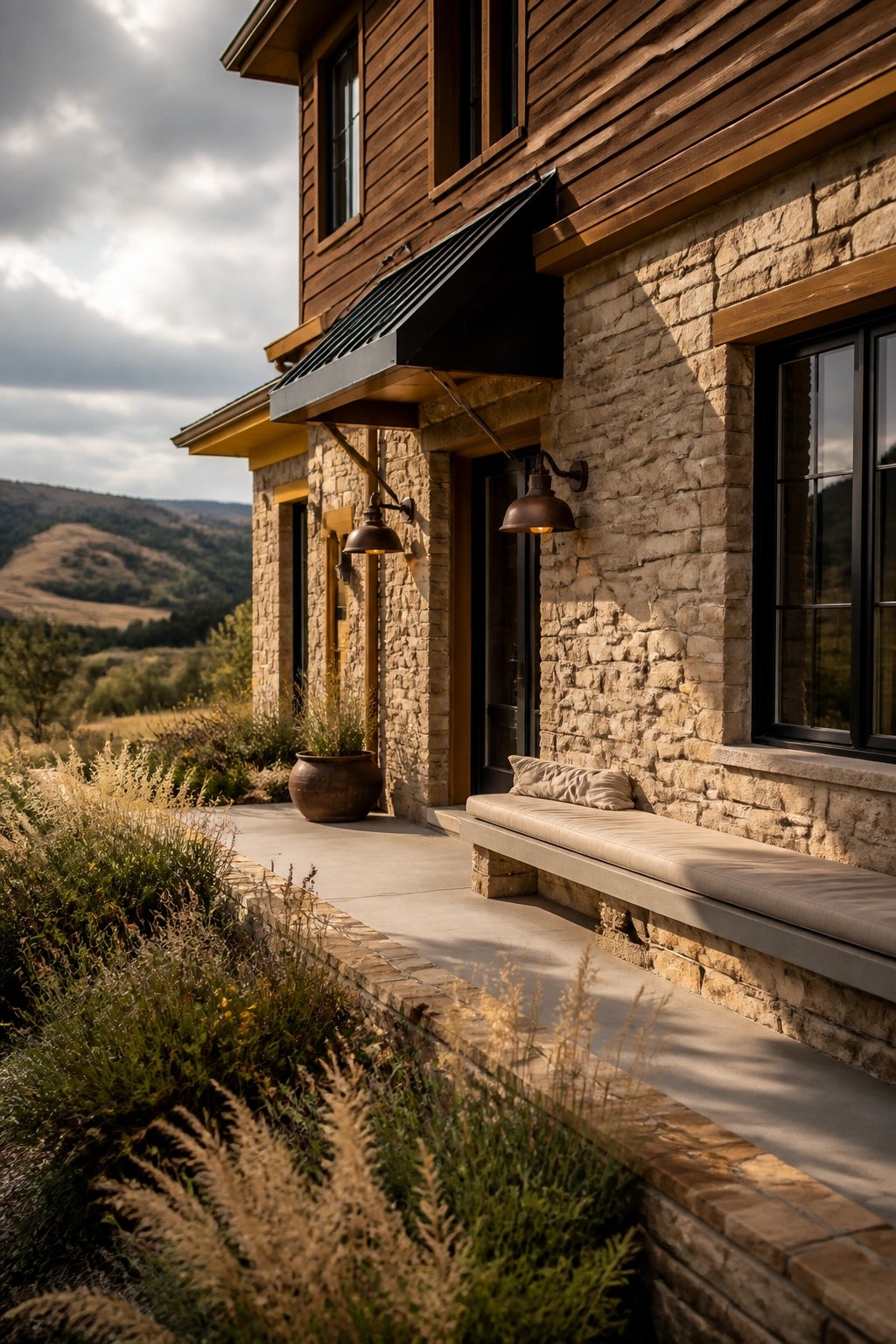 Stone and wood house with cushioned bench, lights, and rolling hills beyond