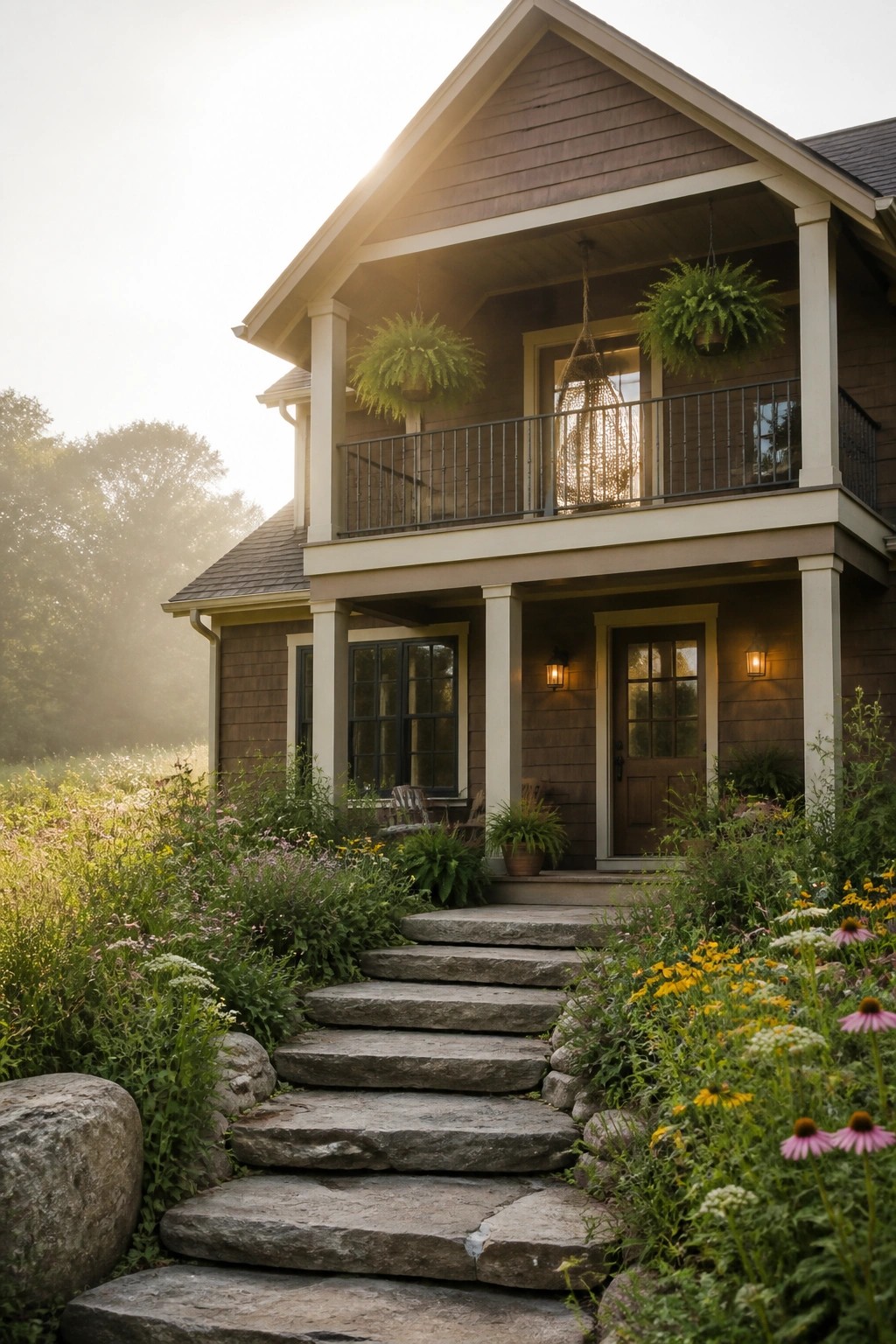 A two-story house with warm brown siding, white trim, a front porch, balcony, and a stone pathway through garden beds.