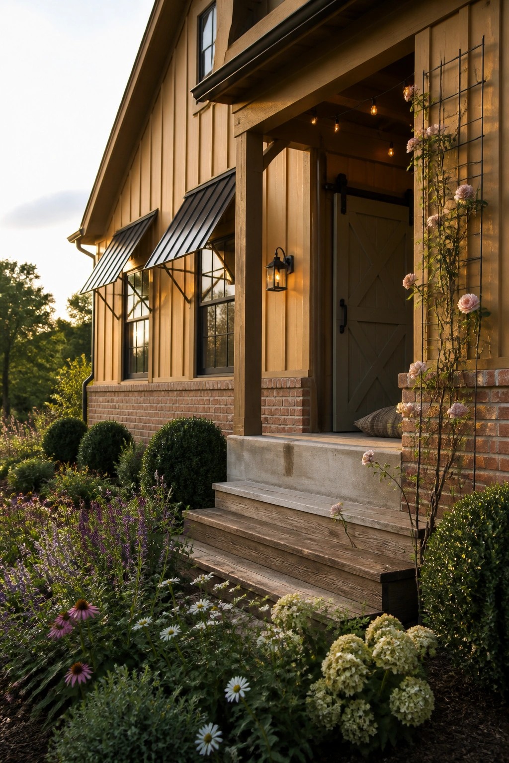 A two-story farmhouse exterior with warm tan wood siding, a gray sliding barn door, black metal awnings, concrete steps, and climbing roses on a brick pillar.