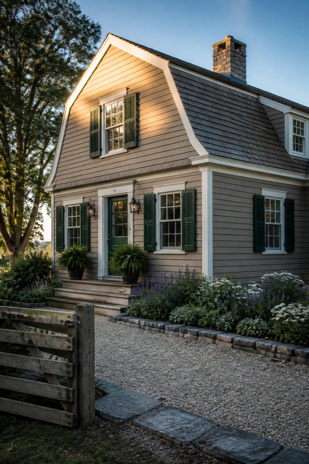 A two-story farmhouse with warm gray-brown siding, white trim, dark green shutters and door, a stone chimney, and a gravel path leading to the front steps.
