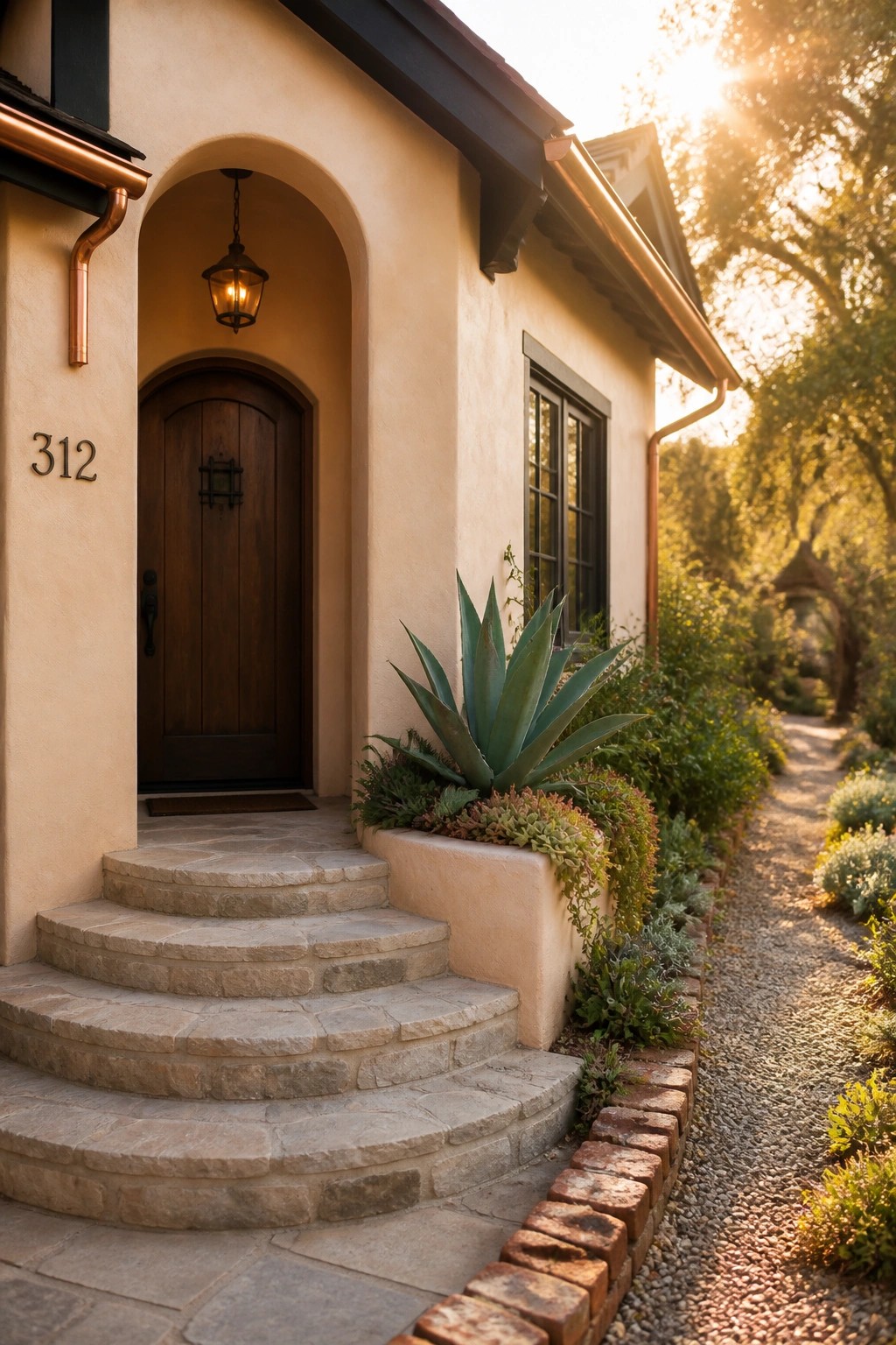 Front view of a house with light beige stucco walls, a dark wooden door under an arch, stone steps, and a gravel path with plants along the side.