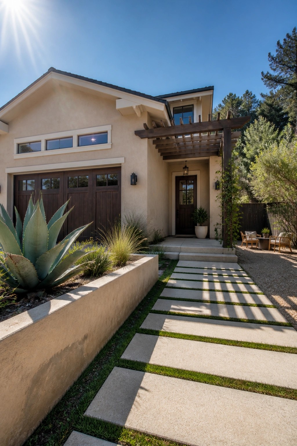 A modern farmhouse exterior with light beige stucco walls, dark brown garage doors, a wooden pergola over the entry, and a stone pathway lined with grass.