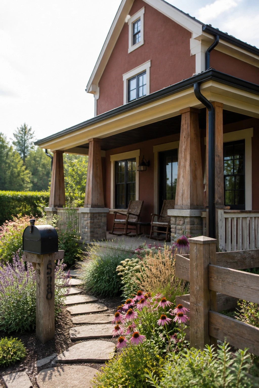 Red house porch with rocking chairs, stone path, mailbox 588, and flowers