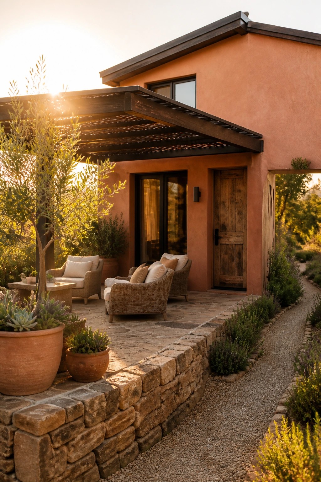 A modern home with warm terracotta stucco walls, a dark wood pergola covering a stone patio with woven chairs, and a wooden front door beside glass windows.