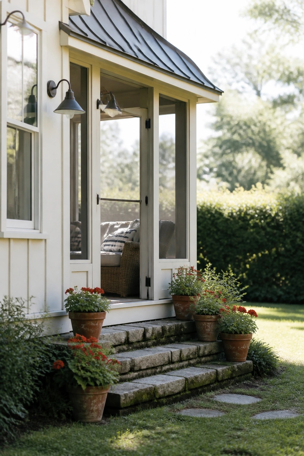 White farmhouse exterior with dark metal roof, screened porch, and terracotta pots with flowers along stone steps.