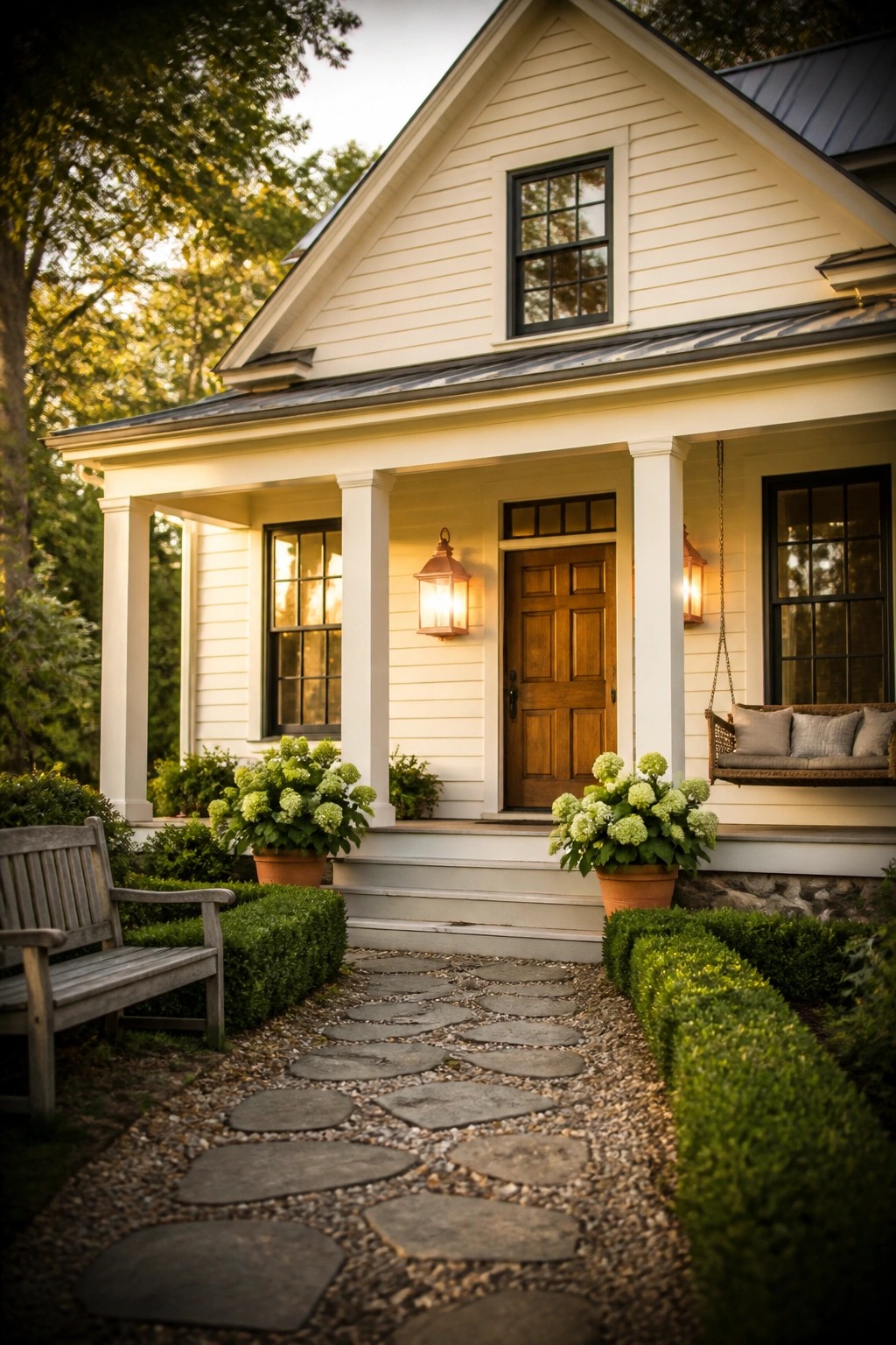 A white farmhouse exterior with black-trimmed windows, a wooden front door, a covered porch, and a stone pathway leading to the steps.