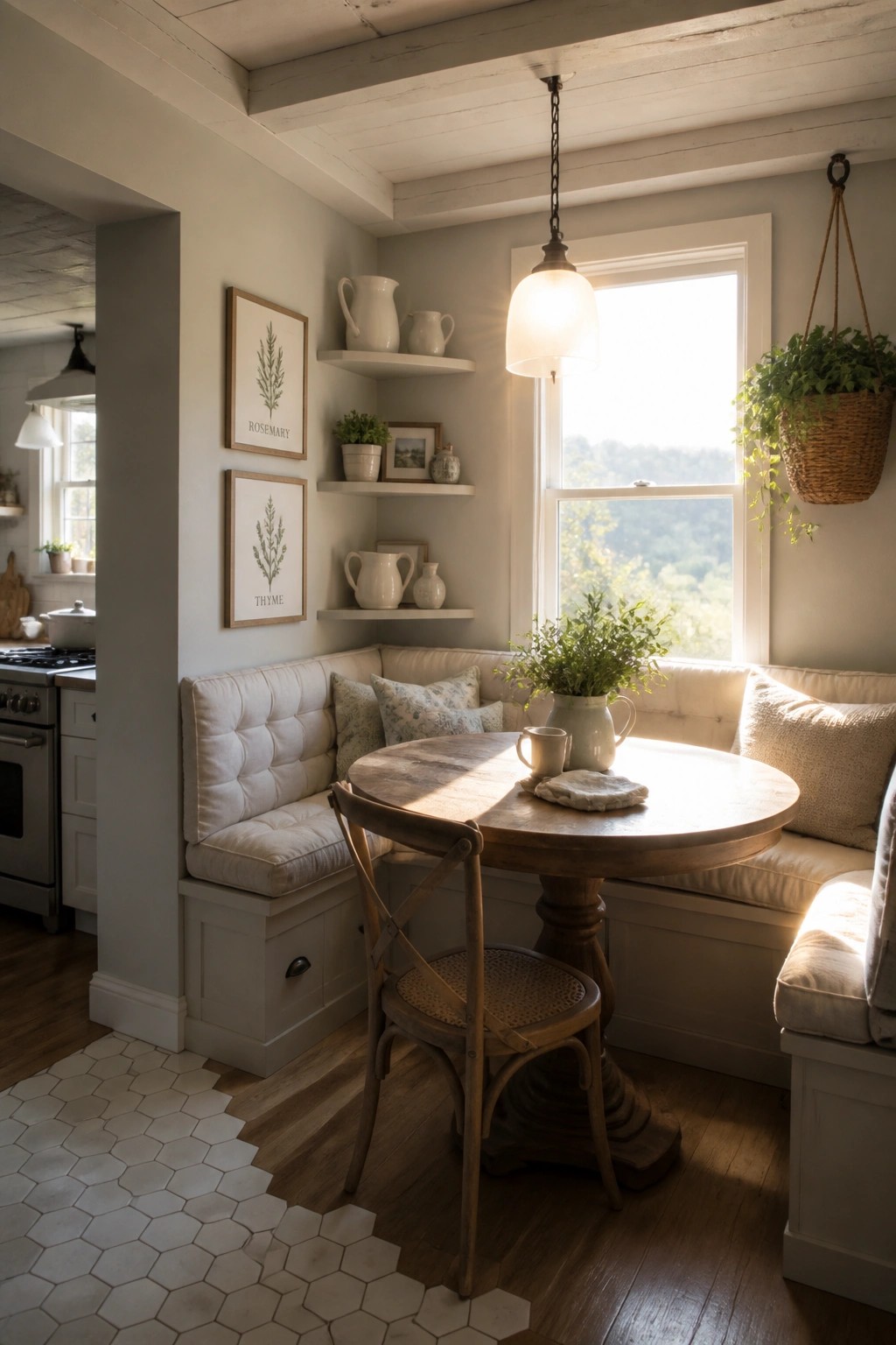 A bright kitchen corner features a built-in white cushioned bench around a round wooden table, with floating shelves holding white pitchers and framed art above it.