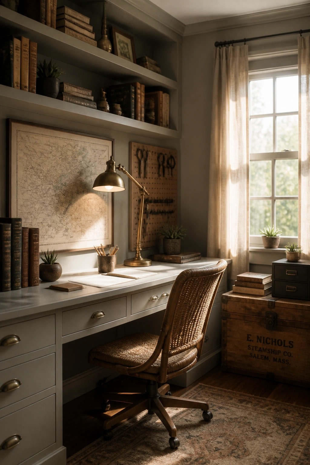 A home office featuring a white built-in desk with overhead shelving, a wicker chair, and an old map on the wall next to a window with curtains.