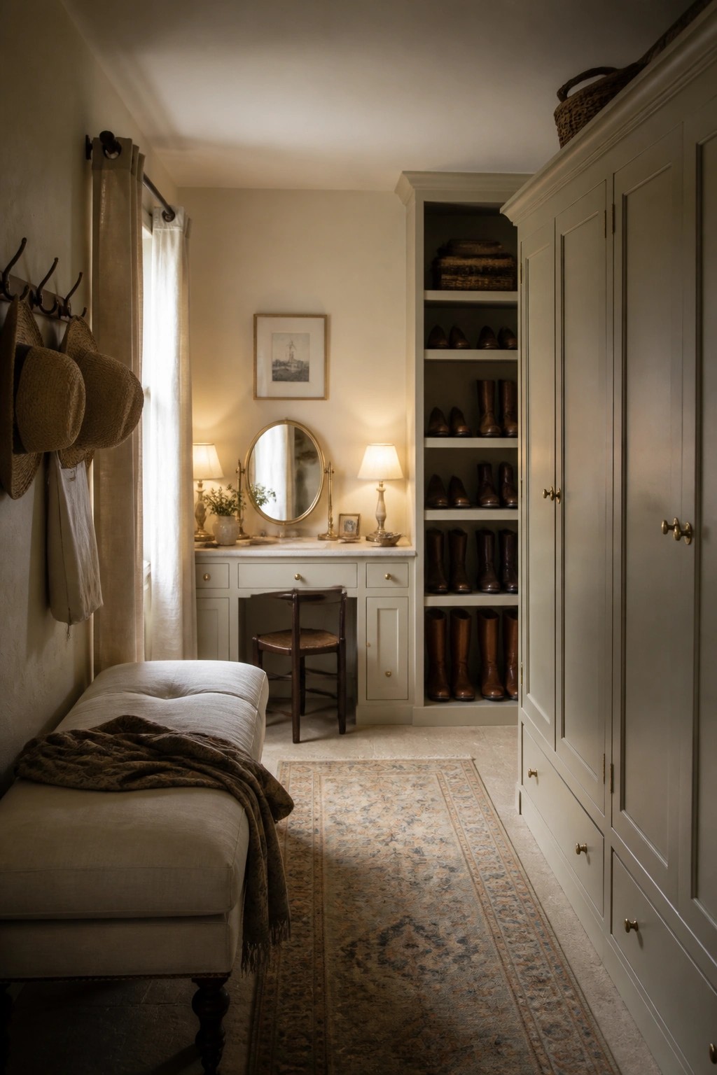 A narrow interior hallway with built-in cabinets painted in a light neutral color, open shelves holding boots, a cushioned bench with a throw, and hats hanging on the left wall.