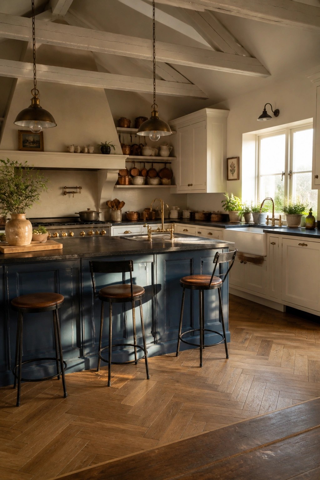 A kitchen interior with deep blue island cabinets, white upper cabinets, a white farmhouse sink, brass fixtures, and herringbone wood flooring.