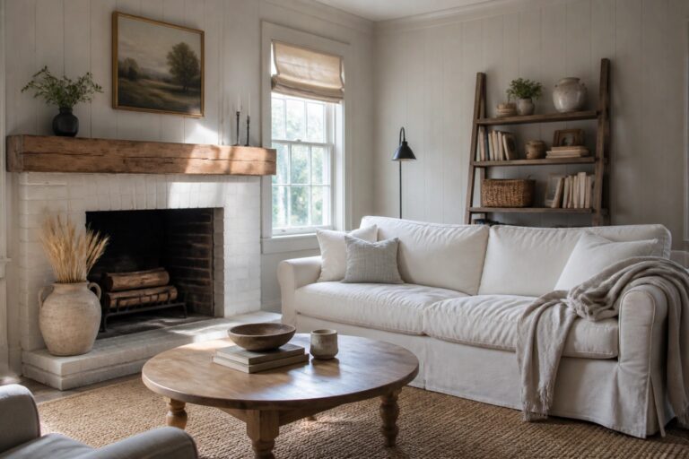A living room corner showing a white sofa with a beige throw, a round wooden coffee table, a white brick fireplace with a wooden mantel, and a leaning wooden bookshelf against light gray walls.