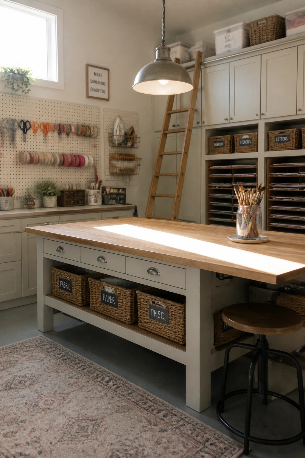 A large wooden-topped island with light gray painted base and drawers sits in a craft room with pegboards, open shelving, and a rolling stool.