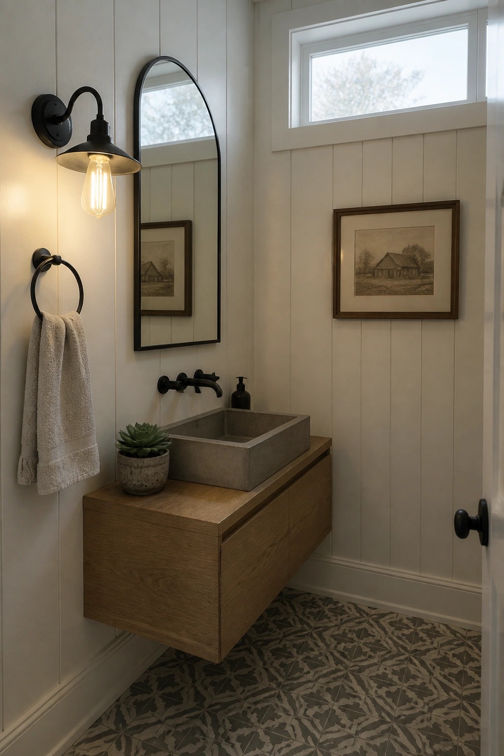A compact bathroom featuring white vertical shiplap walls, a floating wooden vanity with a concrete sink, black wall-mounted faucet, and patterned tile flooring.