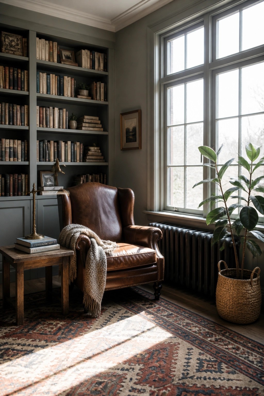 A room corner with gray-green built-in bookshelves, a brown leather armchair, a patterned rug, and a large window with a potted plant nearby.
