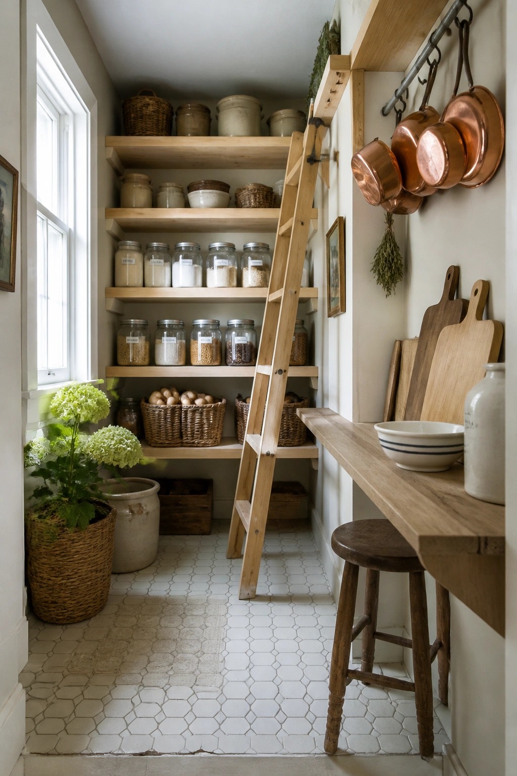 A narrow pantry interior with open wooden shelves holding glass jars and baskets, a wooden rolling ladder, white hexagonal floor tiles, and a wooden counter with stool.