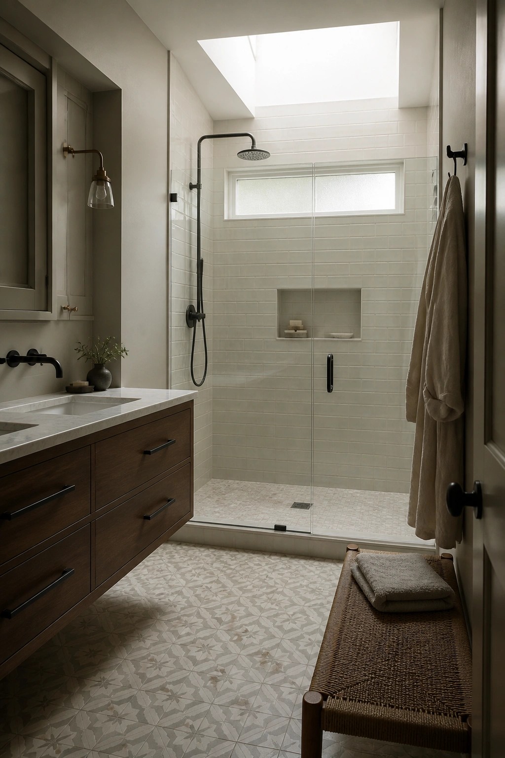 A farmhouse-style bathroom featuring light neutral walls, a glass-enclosed shower with white subway tile, a wooden floating vanity with marble top, and a skylight overhead.
