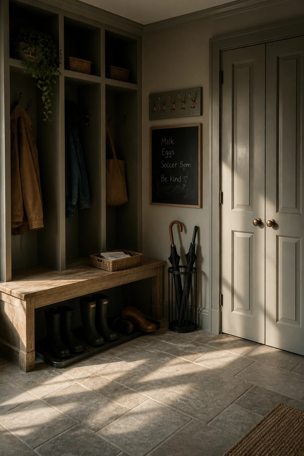 Sunlit mudroom with gray cubbies, wooden bench, boots, umbrellas, and chalkboard list