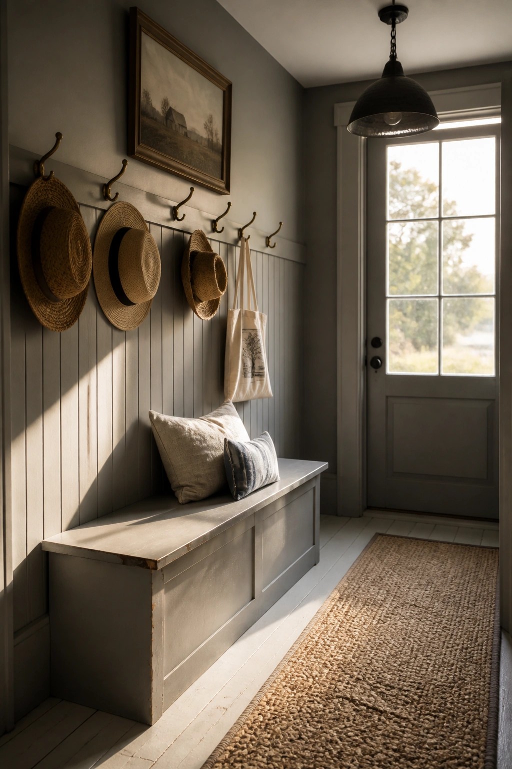 An interior entryway with gray wainscoting, a storage bench with pillows, hooks holding hats and a tote, and a gray door with windows.