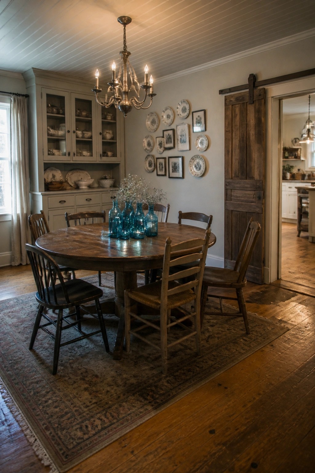 A farmhouse dining room with a round wooden table, mismatched wooden chairs, a gray hutch, and soft gray walls decorated with blue and white plates.
