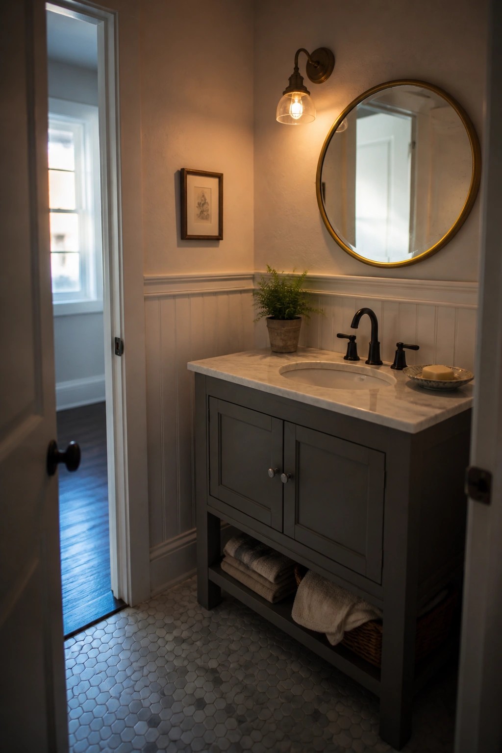 A small bathroom featuring a gray painted vanity with white marble top, black faucet, round gold mirror, beadboard wainscoting, and folded towels on an open shelf.