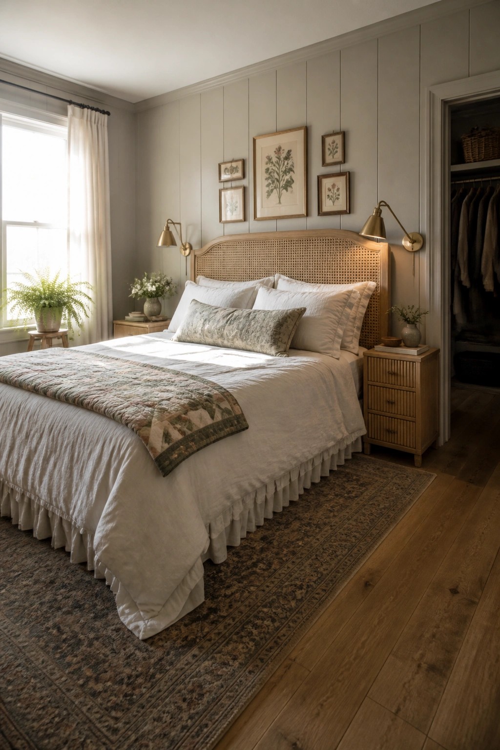 A bedroom with light gray-green walls, a wooden bed with a cane headboard, white bedding, and framed botanical prints above the bed.