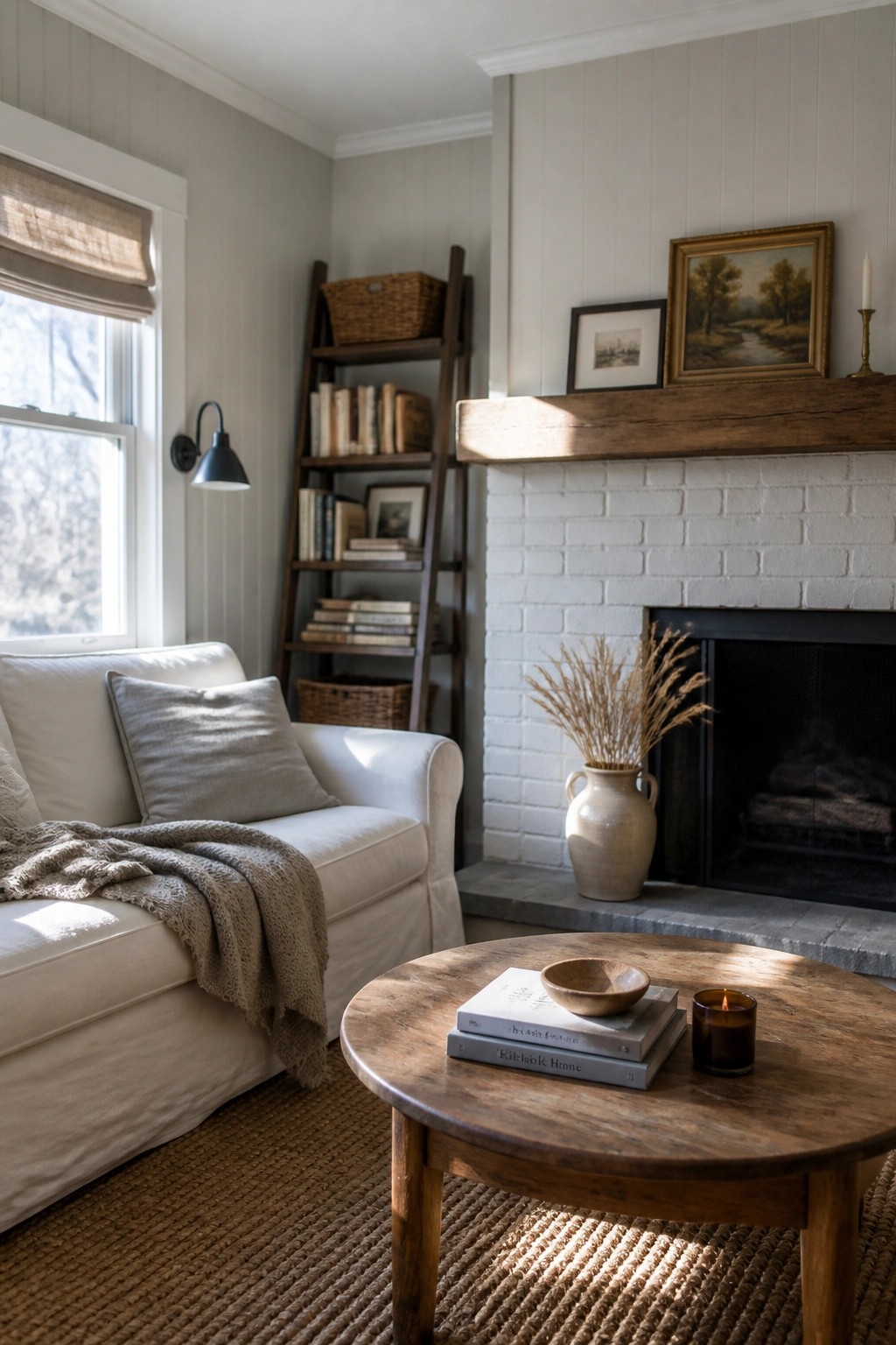 A living room corner showing a white sofa with a beige throw, a round wooden coffee table, a white brick fireplace with a wooden mantel, and a leaning wooden bookshelf against light gray walls.