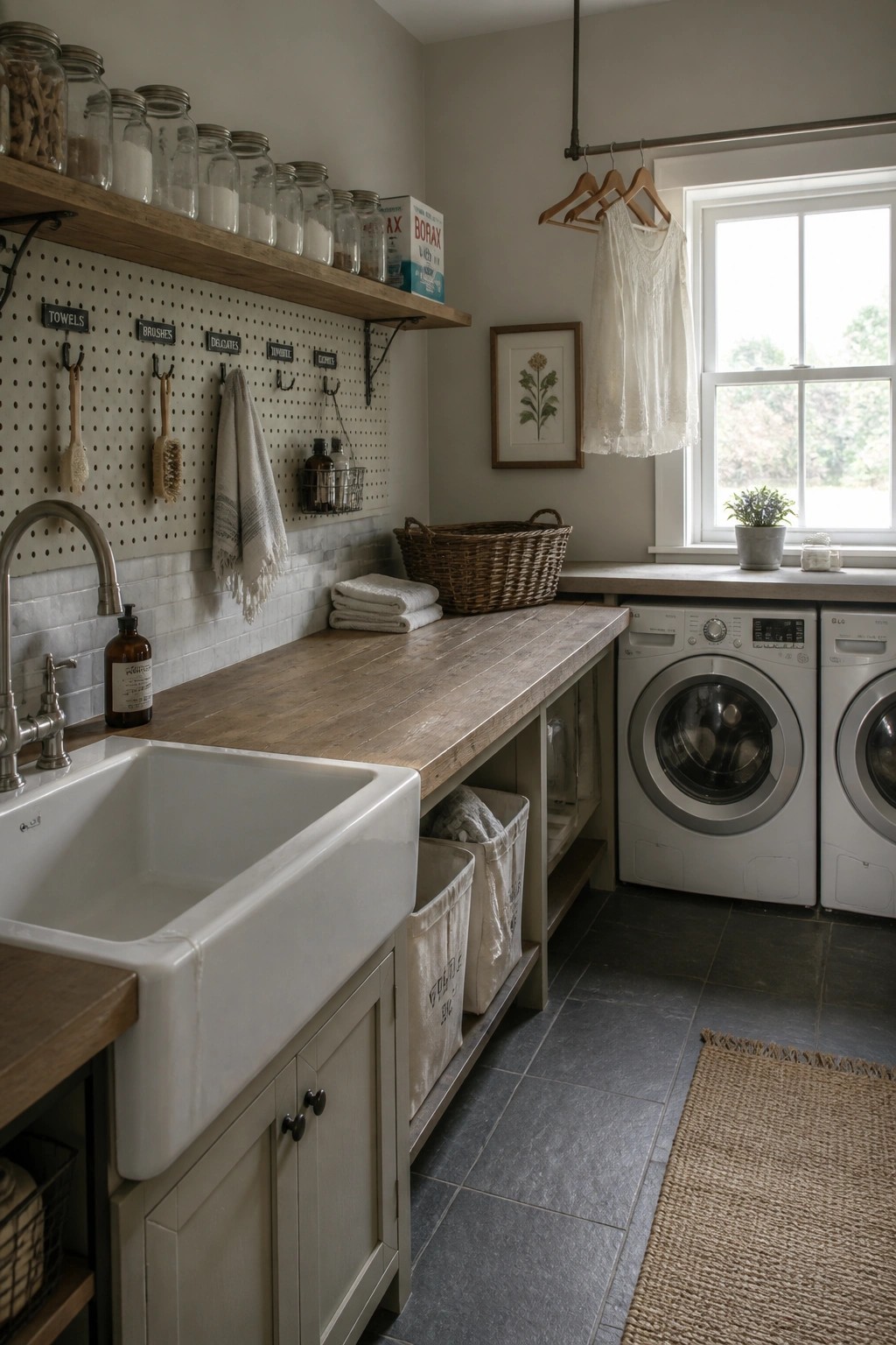 A farmhouse laundry room featuring a white farmhouse sink, wooden countertop, pegboard wall with labeled hooks, two white front-loading washing machines, and a window with natural light.