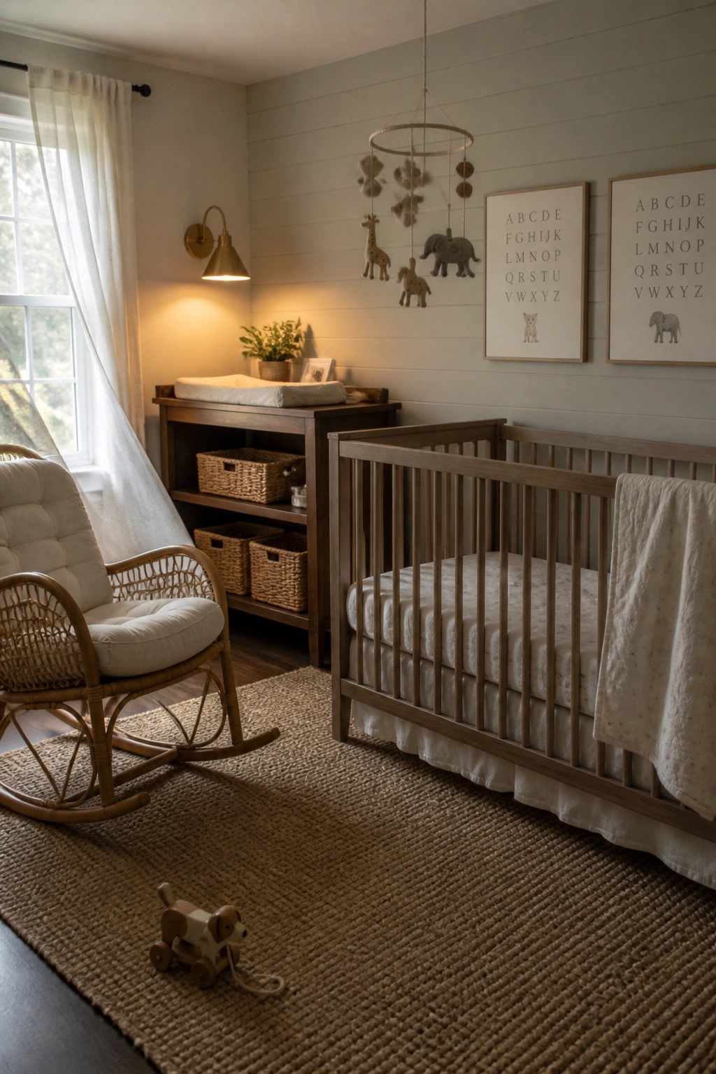 A nursery featuring a wooden crib, rocking chair, and changing table set against light neutral walls with simple decor.