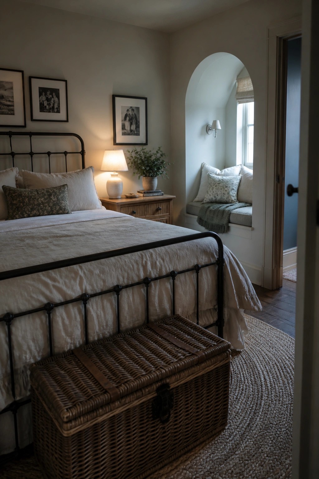A farmhouse bedroom with a black metal bed, white bedding, wooden nightstand, and an arched window seat nook.