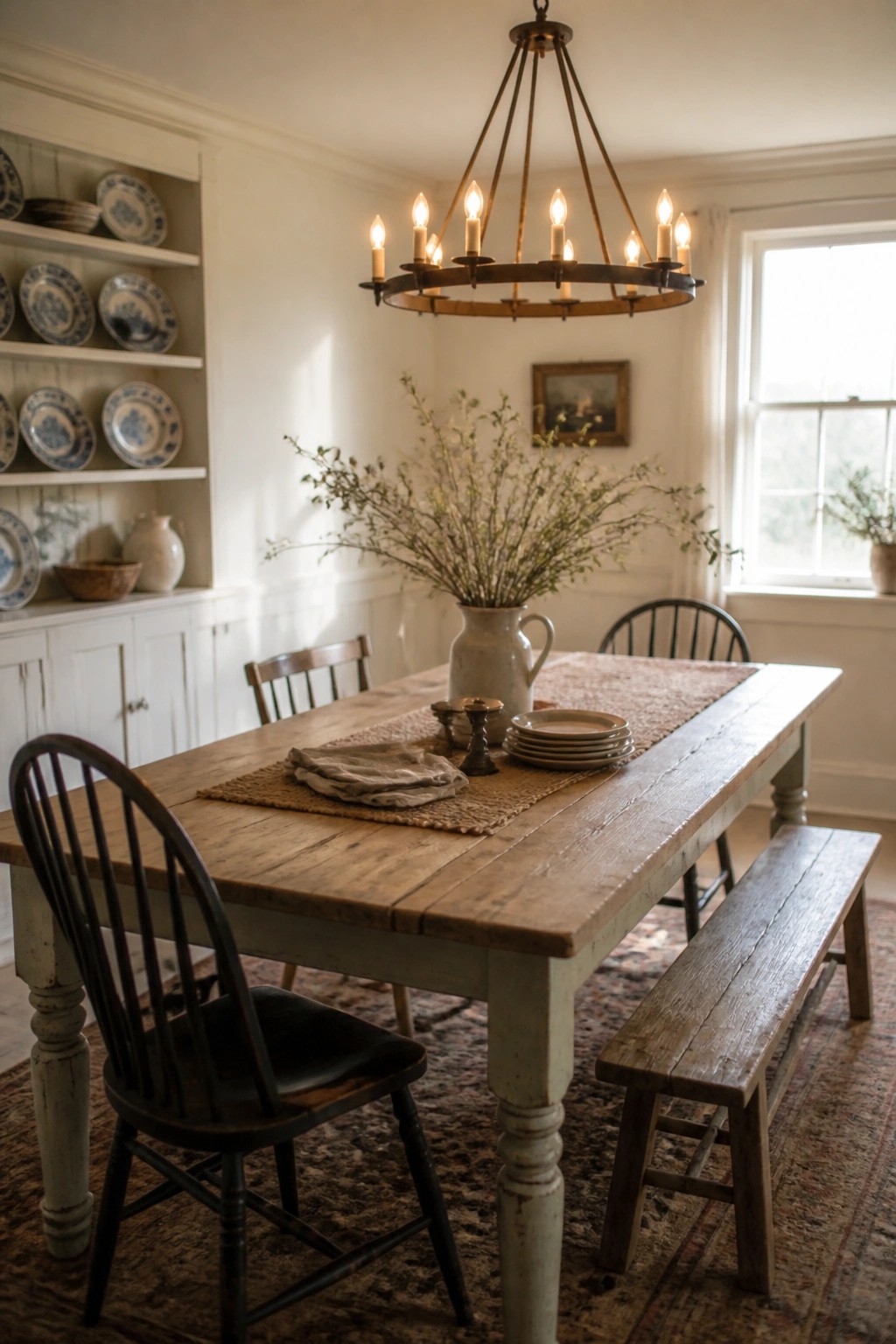 A farmhouse dining room featuring a long wooden table with a distressed top, white painted base, built-in white shelves holding blue and white dishes, a metal chandelier, and a large window on the right.