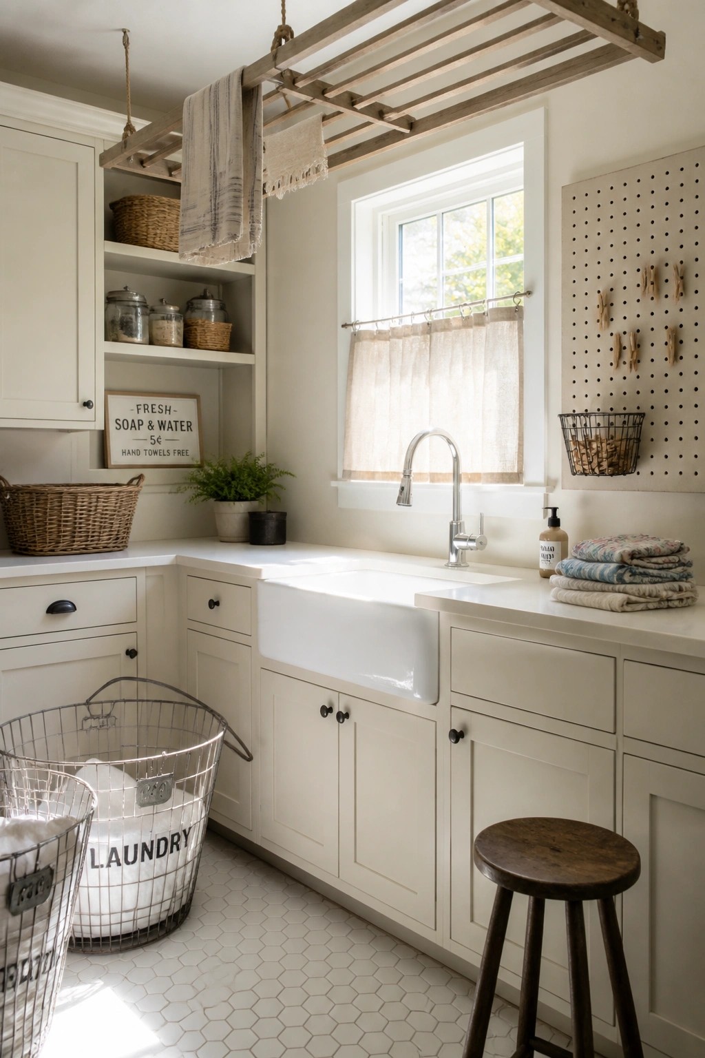 A bright laundry room with white painted cabinets, a farmhouse sink under a window, open shelving, and wire laundry baskets on a tiled floor.