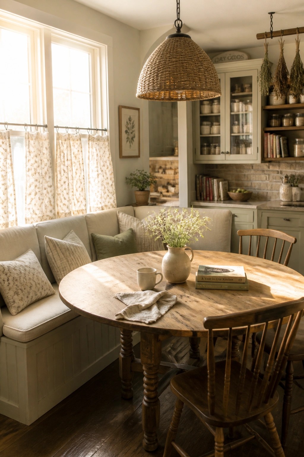 A round wooden table with a ceramic pitcher and books sits beside a built-in upholstered bench under windows, with light green cabinets and a woven pendant light overhead.