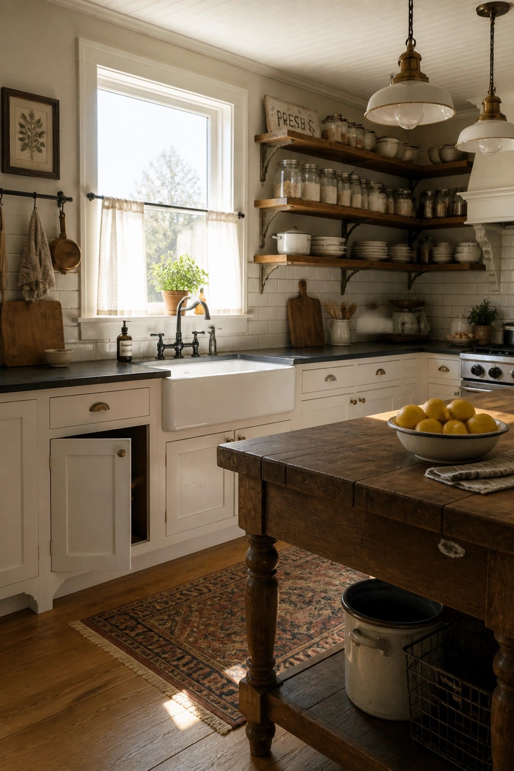 A bright farmhouse kitchen with white cabinets, a white apron sink, dark countertops, wooden open shelves, and a large wooden island holding a bowl of lemons.