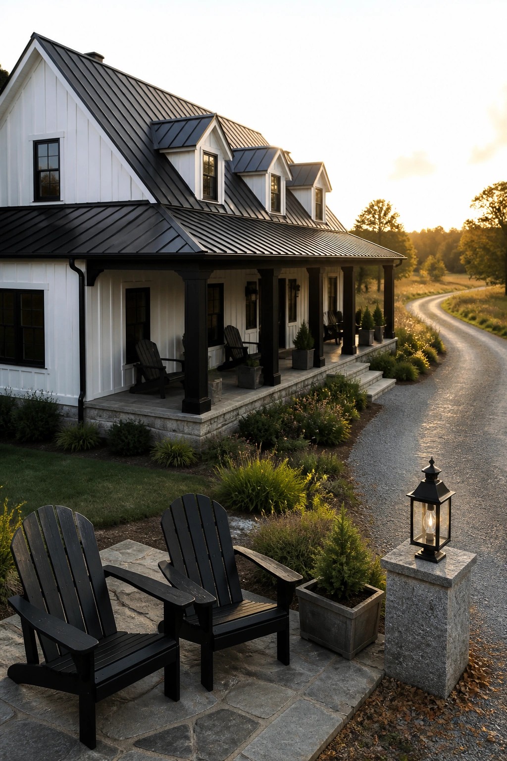 White farmhouse with black roof, porch, Adirondack chairs, and lantern by winding road.