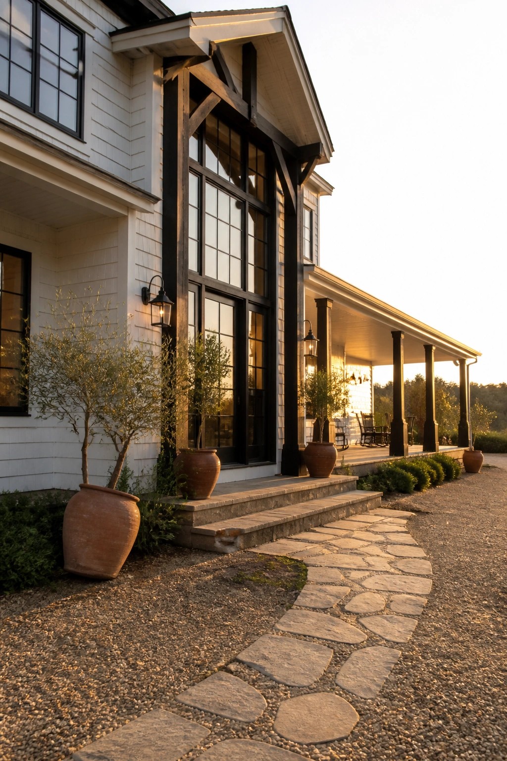White house with black trim, large windows, stone path, porch, and terracotta pots at sunset.