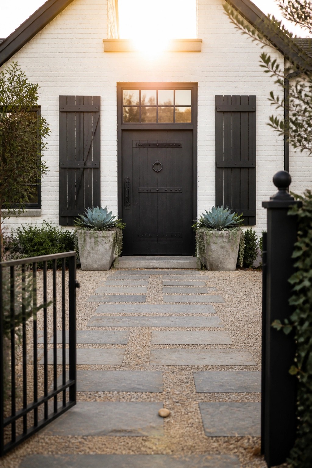 White brick house with black door, shutters, potted succulents, and stone path in sunlight