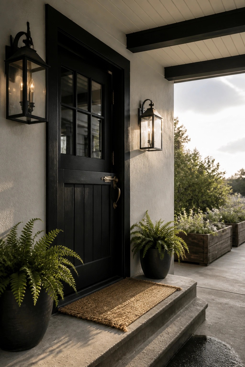 A black front door with divided glass panes on a light stucco wall, flanked by two black wall lanterns and potted ferns on concrete steps.