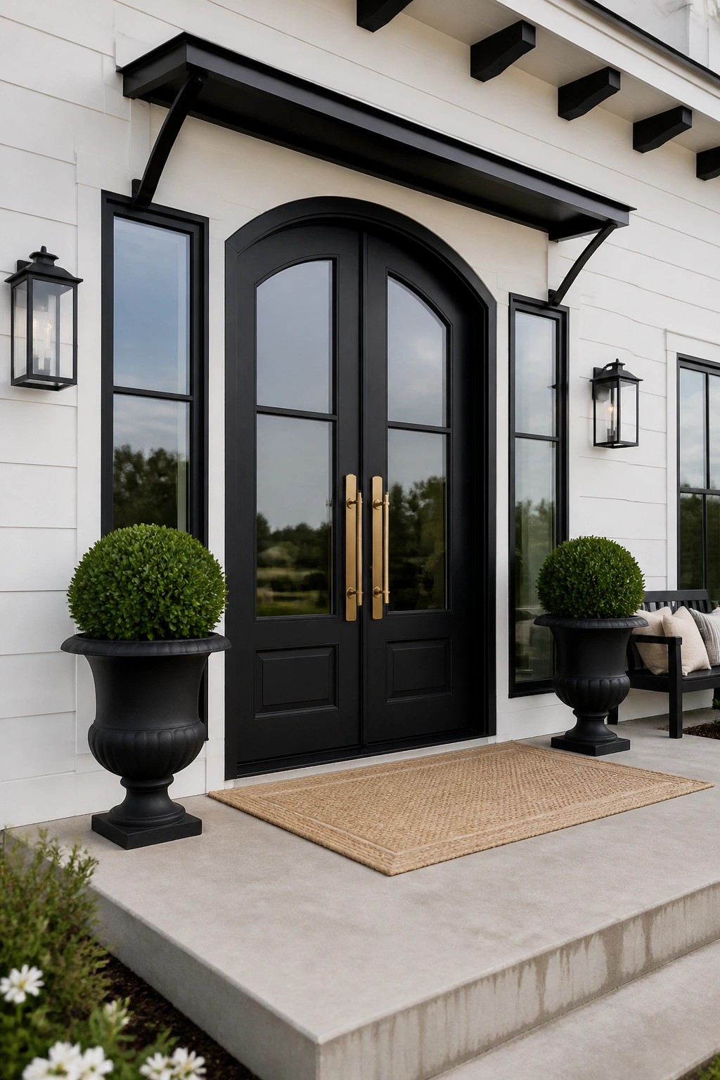 A white farmhouse front entry with black arched double doors, black-framed side windows, black lanterns, and two large black planters holding round shrubs.