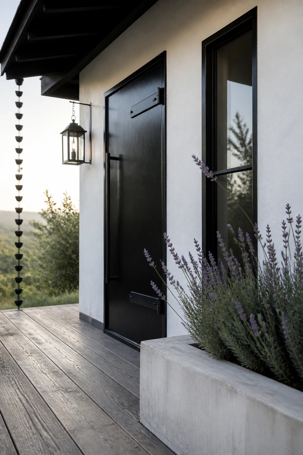 A black door with black hardware on a white exterior wall beside a tall black-framed window, with a concrete planter of lavender in the foreground.