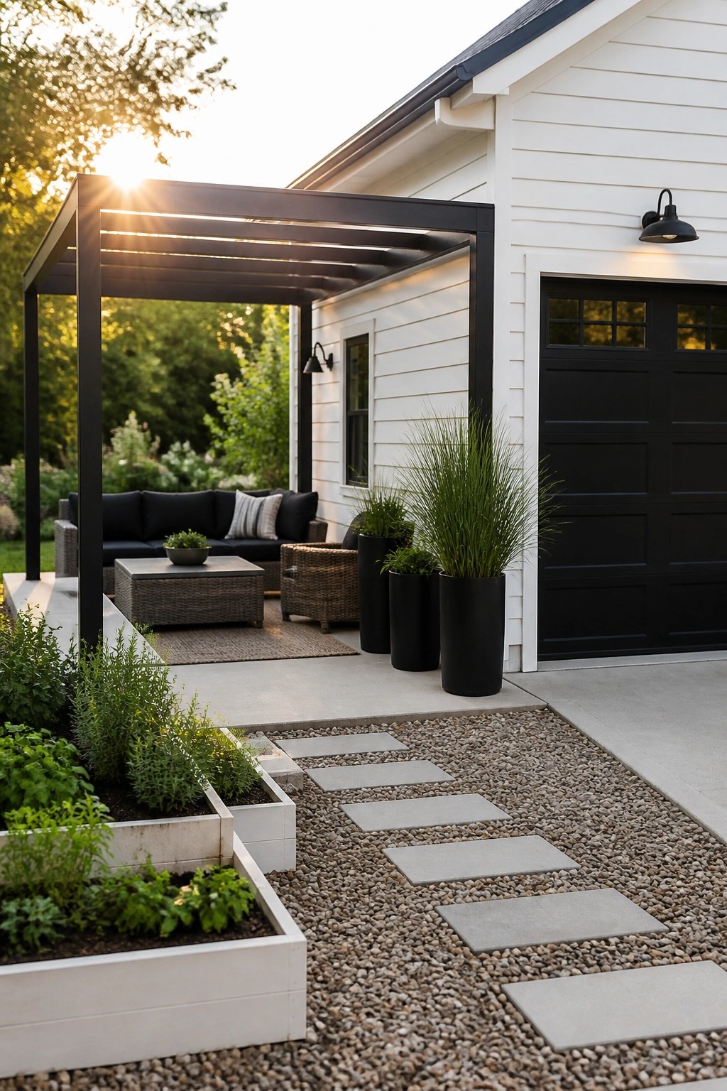 A white farmhouse exterior with black trim shows a black pergola covering a patio with dark outdoor seating, black planters, and a gravel path with concrete stepping stones beside raised garden beds.