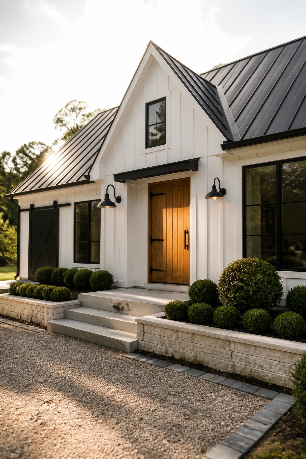 Modern white farmhouse with black metal roof, wooden door, steps, and shrubs.